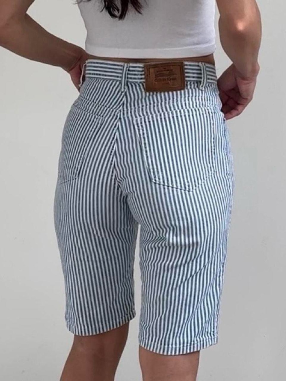 Vintage 90s Calvin Klein Blue White Striped Denim Jean Shorts High Waisted
